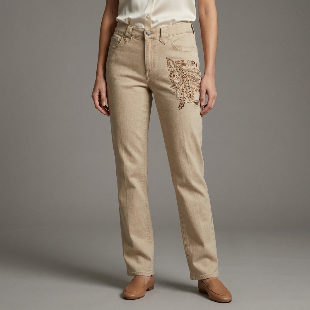 Lauren Ralph Lauren Tan Embroidered Beaded Straight Leg Jeansโ Womens 10 Regular